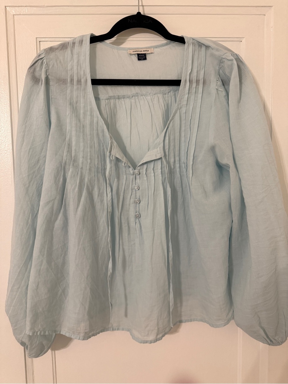 American Eagle Outfitters Pale Blue Pintuck Peasant Blouse